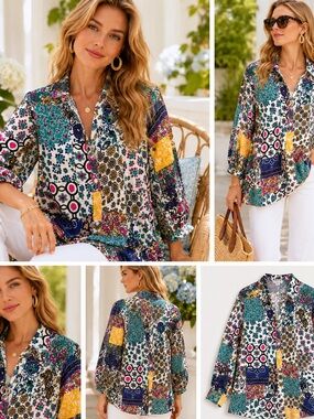 Patchwork Floral Blouse 2X Bohemian Whimsy For The Republic